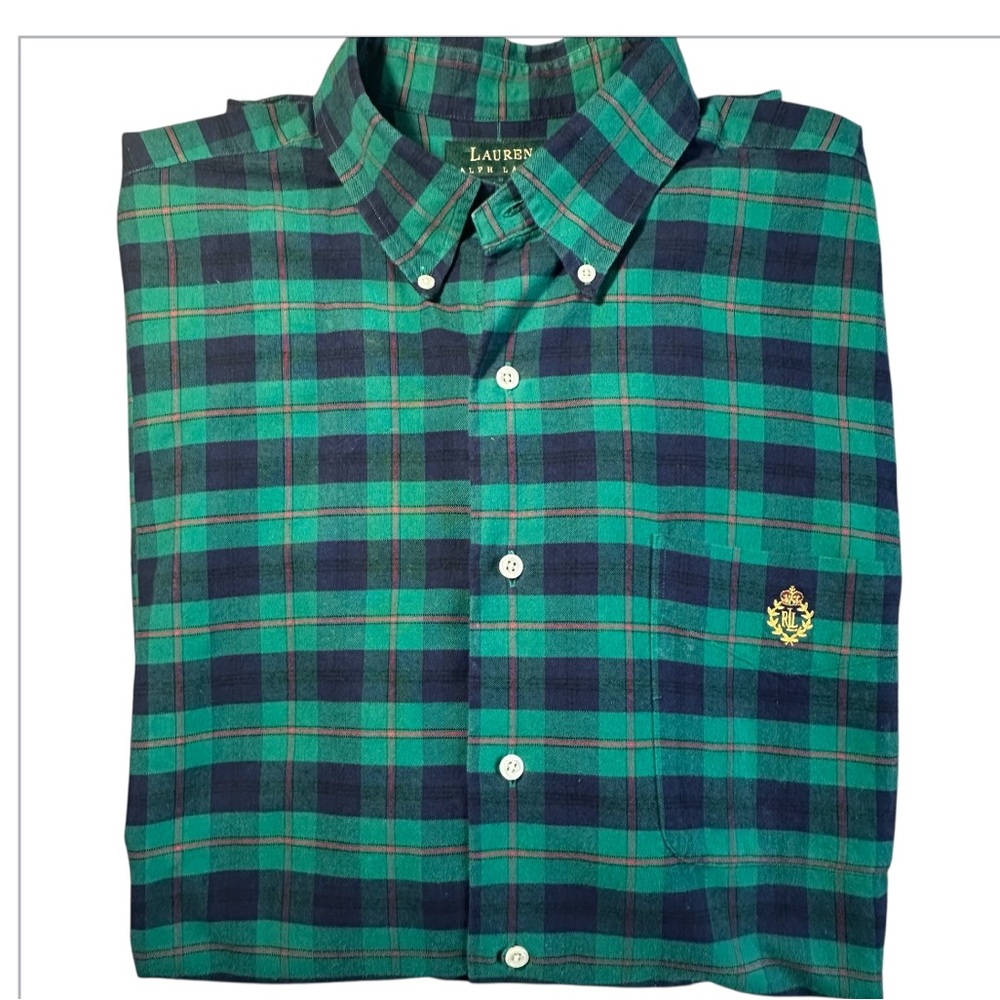 Lauren Ralph Lauren Vintage 90s Green Plaid 100% Cotton Shirt Large CREST